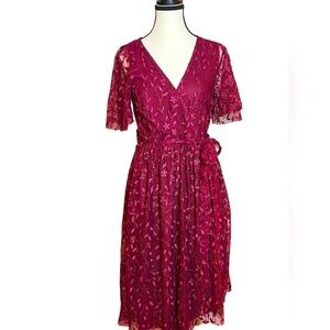 Baltic Born Embossed Marseille Midi Dress Sz L Mulberry Red Short Sleeve Floral